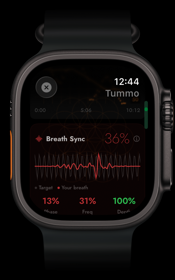 Watch — breath synchronicity 36%, phase, frequency, depth