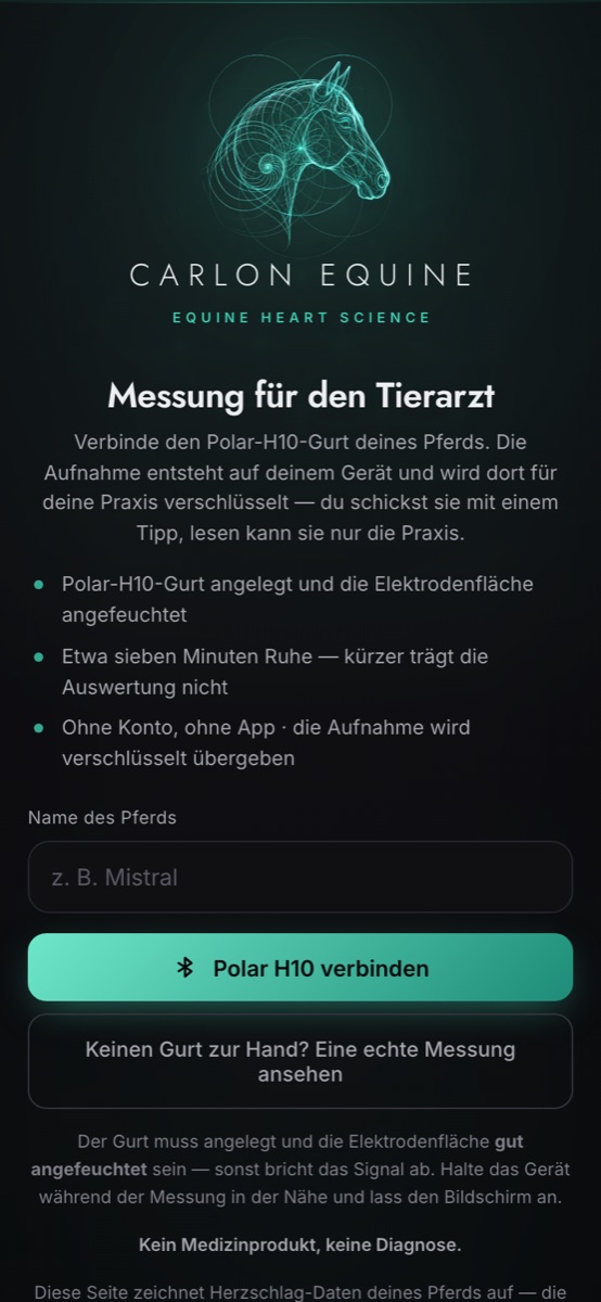 Measuring station in the phone browser: start screen stating that the recording is created on the device and encrypted for the practice