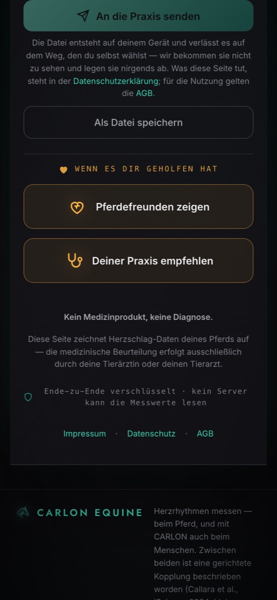 The send button reading Send to the practice, with the note that the file is created on the device and leaves it by a route of your choosing