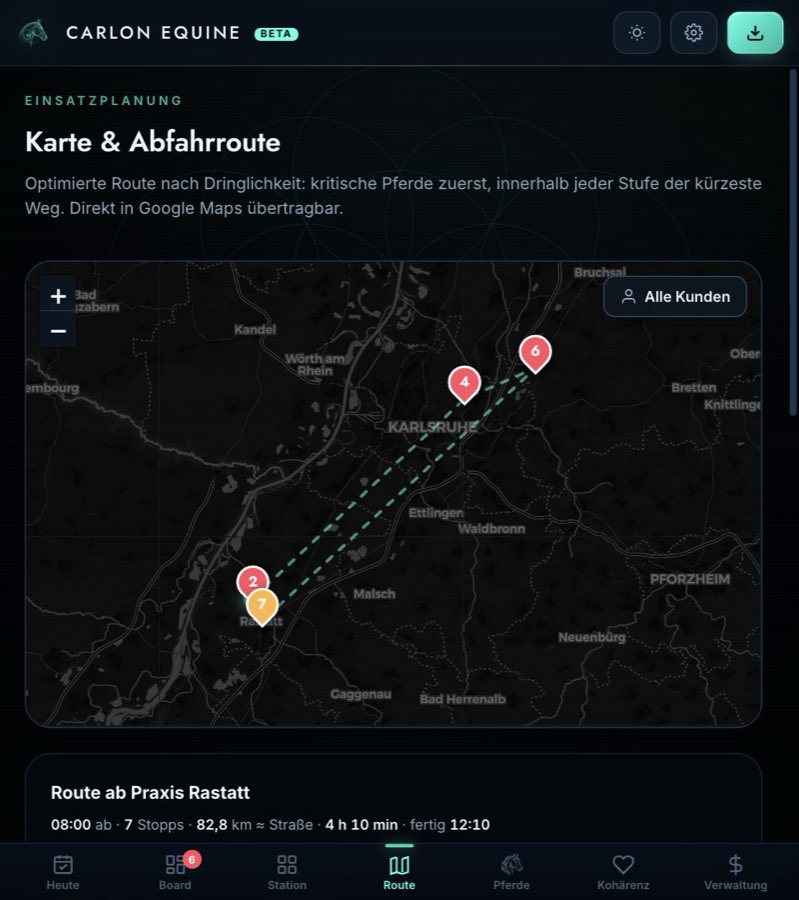 Abfahrroute auf der Karte, kritische Pferde zuerst, an Google Maps übergebbar