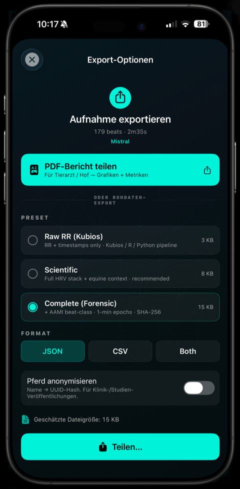 CARLON Equine — Export-Optionen: PDF, Kubios, JSON/CSV, SHA-256