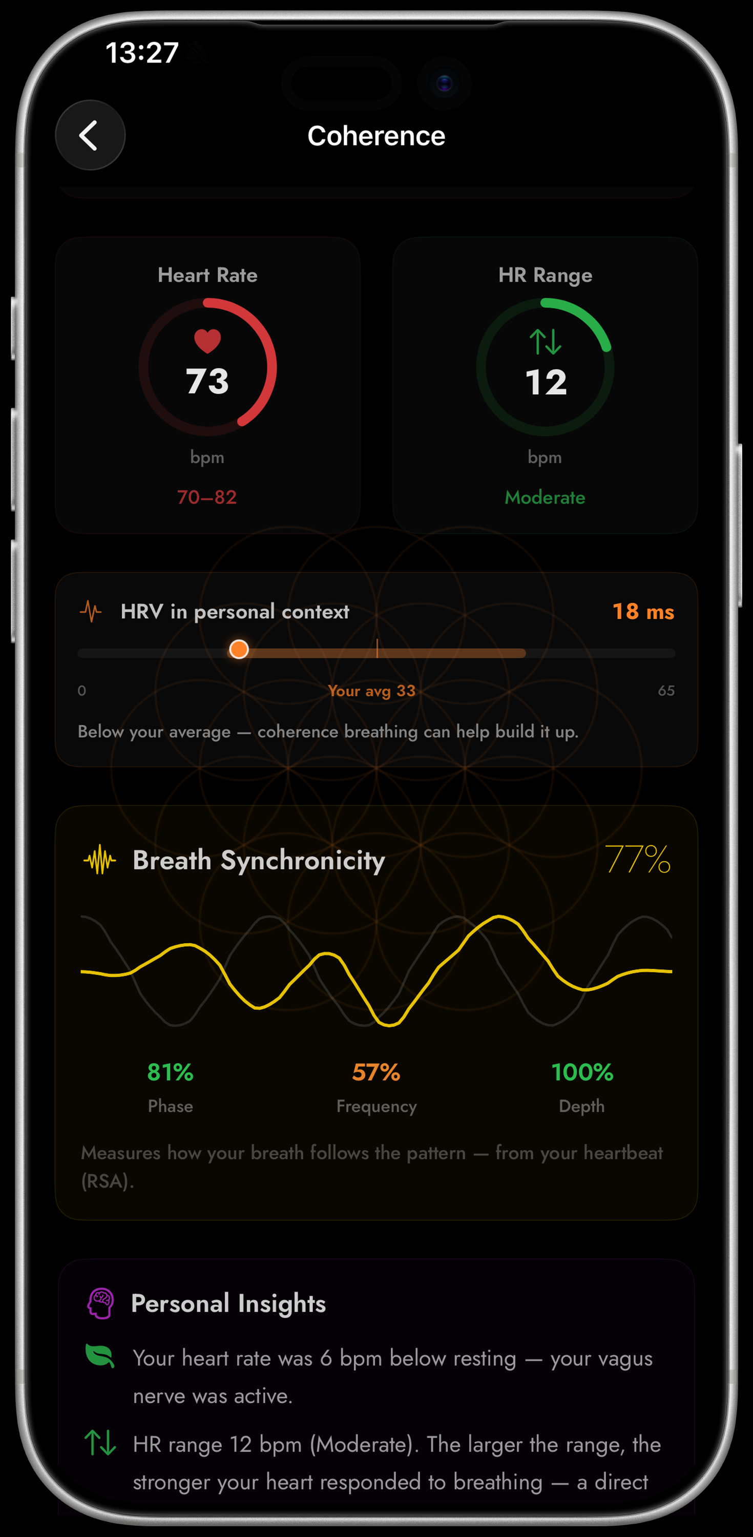 iPhone — breath sync gauges, HRV context, personal insights
