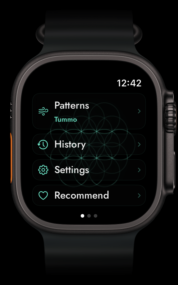 CARLON Watch — Main menu: Patterns, History, Settings, Recommend