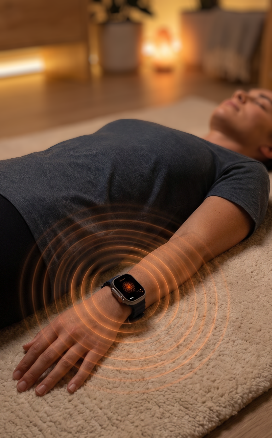 Eyes closed — haptic waves guide every breath from the wrist